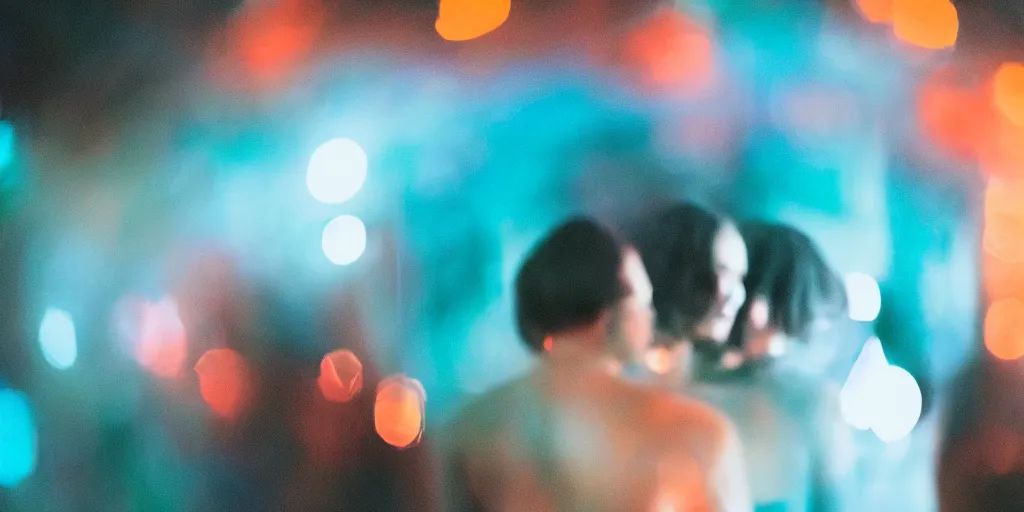 Image similar to a blurry picture of gorgeous human bodies intertwined, long exposure photograph, anamorphic bokeh, orange and cyan lighting, cinematic