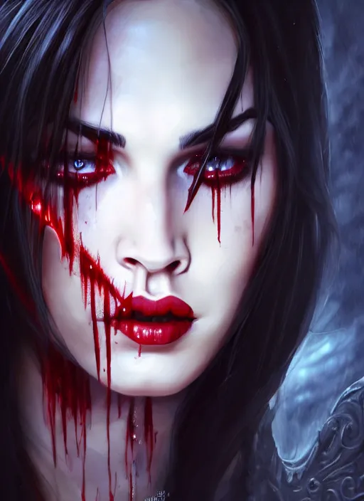 Image similar to portrait of megan fox as a evil vampire queen baring her fangs, bloody tears, jewelry, greek, dark, fangs, intricate, headshot, fangs, key visual, conceptart, ambient lighting, highly detailed, digital painting, artstation, concept art, sharp focus, by makoto shinkai and akihiko yoshida and greg manchess