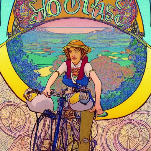 Prompt: hoffman bicycle trip, blotter art, in the style of robert crumb and lisa frank, studio ghibli, mucha, art nouveau, art deco, beautiful nature, serenity, cartoon, realistic, photograph, trending on artstation, vivid, surreal, beautiful, loving athmosphere, summer of love, smiling faces, tasty, smelling good, good vibrations