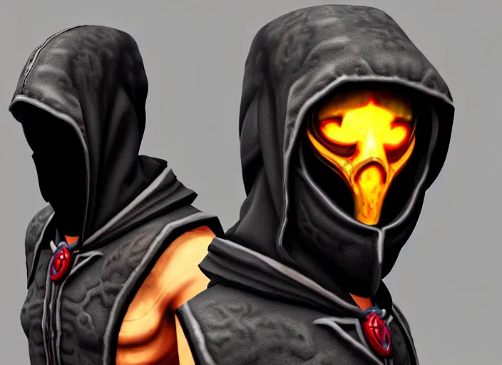 Prompt: hooded skull, with mortal kombat scorpion style facemask, stylized stl, 3 d render, activision blizzard style, hearthstone style, crash bandicoot artstyle