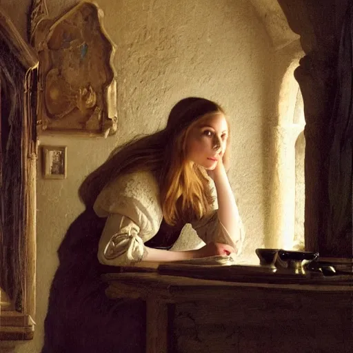 Prompt: elizabeth olsen, sitting in a dark kitchen in the medieval period, the only light illuminating is a candle on the desk, illustrated by gaston bussiere and johannes vermeer, artstation, cgsociety, artstation contest winner, artstation medieval, artstation fashion, 4 k, 8 k