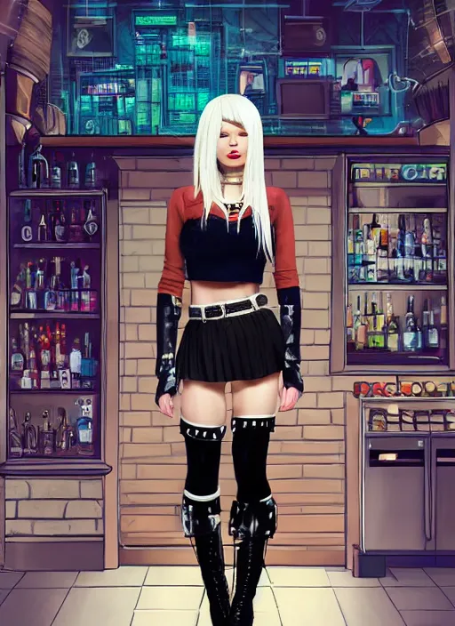 Image similar to portrait of a beautiful female model in a Contrapposto pose, one hand on hip, black platform boots with multiple buckles, thigh-high white stockings, a red plaid skirt, studded belt, white crop top, gradient pastel hair in a ponytail, pouty lips, winged eyeliner, long eyelashes, in a cyberpunk bar, cinematic lighting, concept art, in the style of artgerm, wlop, 4k, highly detailed, wide shot