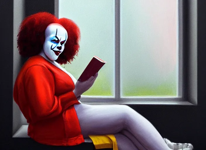 Image similar to a portrait of lizzo as pennywise sitting next to a window at subway reading a book on sushi, focused expression, golden hour, soft light, horrific, mist, photorealistic art by craig mulins, trending on pxiv, kenne gregoire, trending on artstation