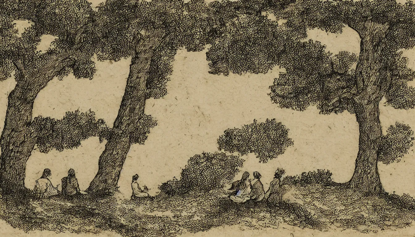 Prompt: two people sit together on a hill while wind blows in the trees, yellowed paper, pen and ink, 1 5 0 0 s, 8 k resolution