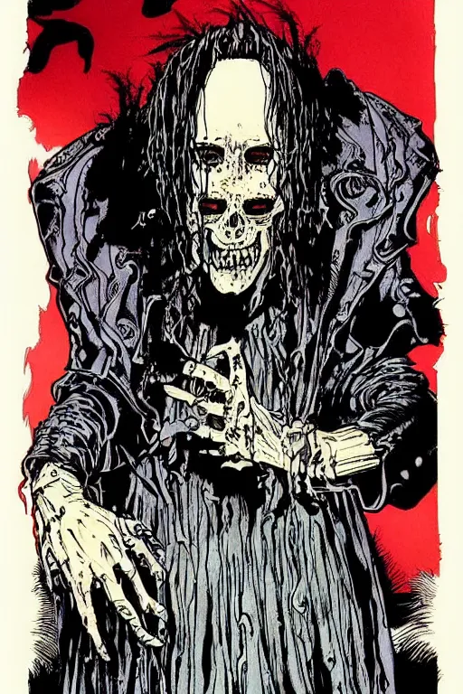 Prompt: red ink comic art eldritch portrait of a robert smith trent reznor hybrid as a lich by todd mcfarlane, brian bolland and mike mignola