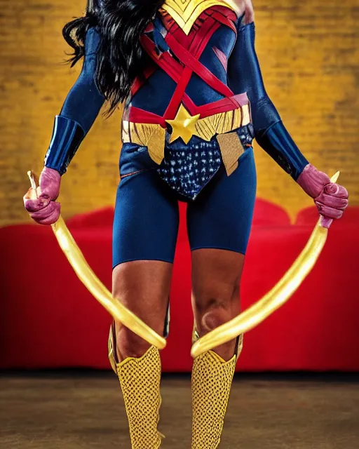 Prompt: photos of a Chimpanzee dressed as Wonder Woman. Photography in the style of National Geographic, photorealistic