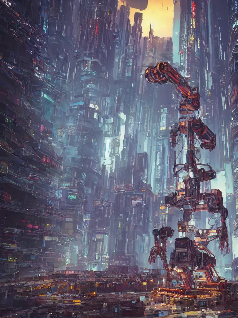 Prompt: giant builder robot in a hall of cyberpunk megacomplex