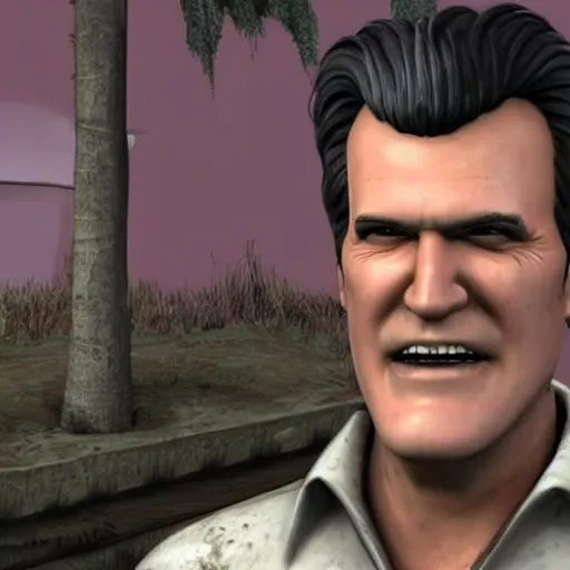 Image similar to a screenshot of bruce campbell in resident evil village. 3 d rendering. unreal engine. amazing likeness. very detailed. cartoon caricature