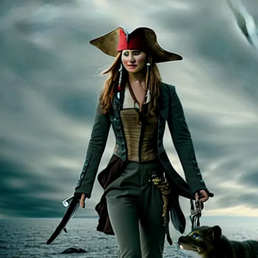 Prompt: still of Jennifer Lawrence as Captain Sparrow in Pirates of the Caribbean remake 2029