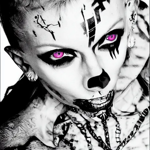 Image similar to die antwoord yolandi portrait, back and white, zef design graffiti in the background, dark lighting, freaky, digital art