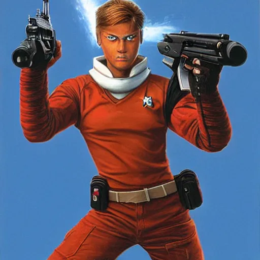 Prompt: an action portrait of fox mccloud holding a blaster, suspenseful, heroic, by peter elson