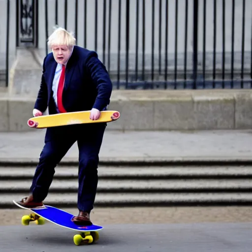 Prompt: Boris Johnson going down a rail on a skateboard