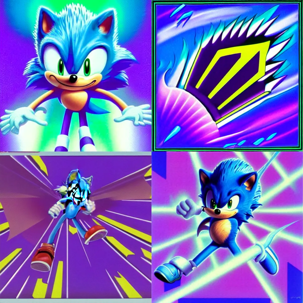 Prompt: surreal, sharp, detailed professional, high quality airbrush art MGMT album cover of a blue dissolving DMT sonic the hedgehog, purple checkerboard background, 1990s 1992 Sega Genesis box art