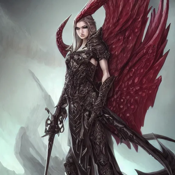 Prompt: A female angel with a dark armour and one pair of vig devil wings , D&D , fantasy , highly detailed, digital art, artstation, smooth, sharp focus, fantasy illustration, art by Peter Tang and artgem and Alina Ivanchenko and Hirokazu Yokohara and Kago Shintaro