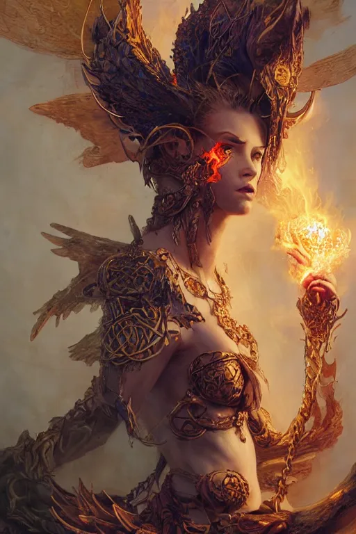 Prompt: beautiful girl sorcerer covered with fire and golden dragon skin, celtic rune tattoos, casting magic spell, angel, fantasy, magic the gathering, hyper detailed, 3 d render, hyper realistic detailed portrait, peter mohrbacher, wlop, ruan jia, luis royo
