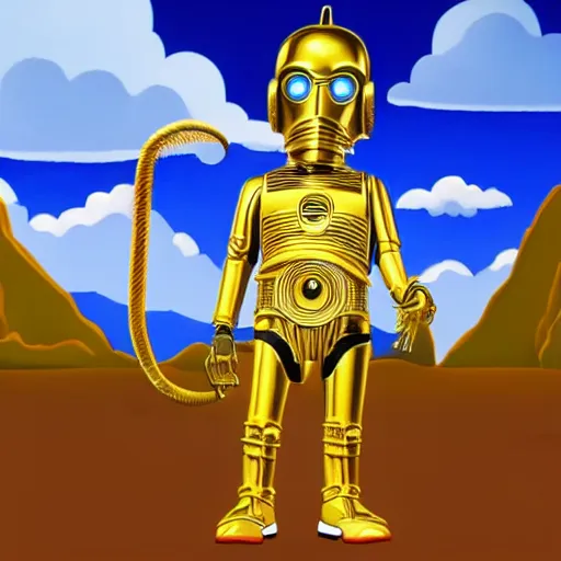 Image similar to full body portrait of Simpson as C3PO in star wars, background blue sky puffy clouds cinematic 4k