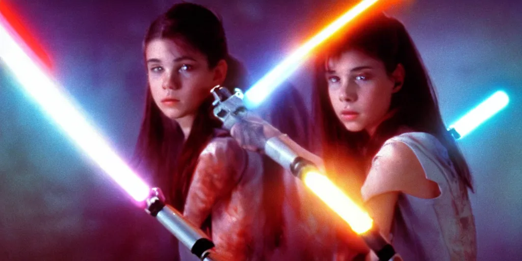 Image similar to a full color still of a teen brunette girl with her hair up holding a lightsaber with a sci-fi battle in the background, cinematic lighting, 1999, directed by Steven Spielberg, 35mm