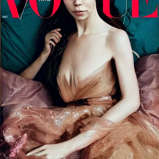 Image similar to stunning vogue magazine photo of dark - haired goddesses vanessa kirby, hailee steinfeld, and bjork smiling, legs intertwined, laying back on the bed, with wet faces!!, wet lips, perfect eyes, insanely detailed, elegant, by rutkowski, livia prima, mucha, wlop,