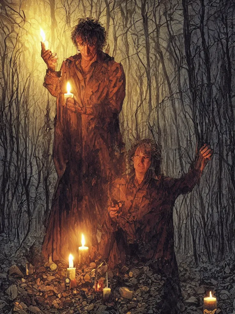 Image similar to neil gaiman sandman surrounded by candles in a deserted forest by lee bermejo and greg rutkowski in vivid color scheme