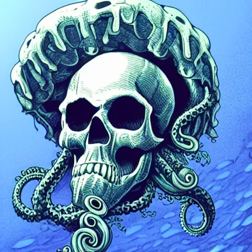 Image similar to skull of a pirate with tentacles protruding out at the bottom of the ocean