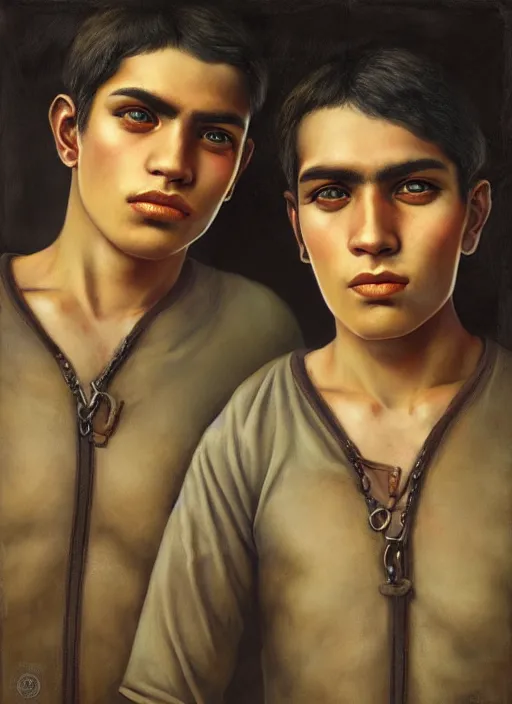 Image similar to portrait of macho young twin mexican buddies in guadalajara, by tom bagshaw and manuel sanjulian