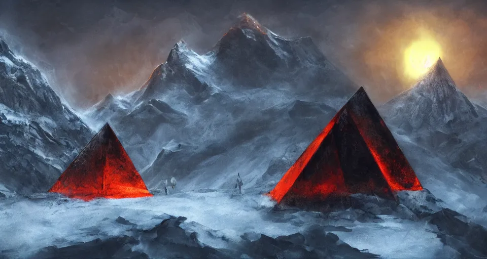 Prompt: black lovecraftian obsidian pyramid!! on a snowy mountaintop by eugene von guerard, ivan shishkin, night, red lightning!!, dramatic lighting, concept art, trending on artstation, 8 k