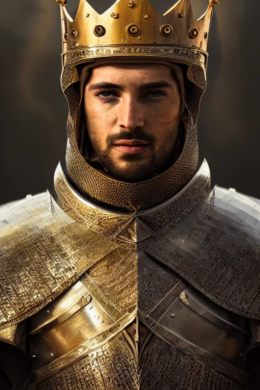 Prompt: Portrait of a handsome king in the desert, Medieval Warrior, detailed scene, Armour and Crown, Sword, photo realistic, highly detailed, dramatic lighting, trending on artstation, elegant, intricate, character design, motion and action and tragedy, fantasy, D&D, highly detailed, digital painting, concept art