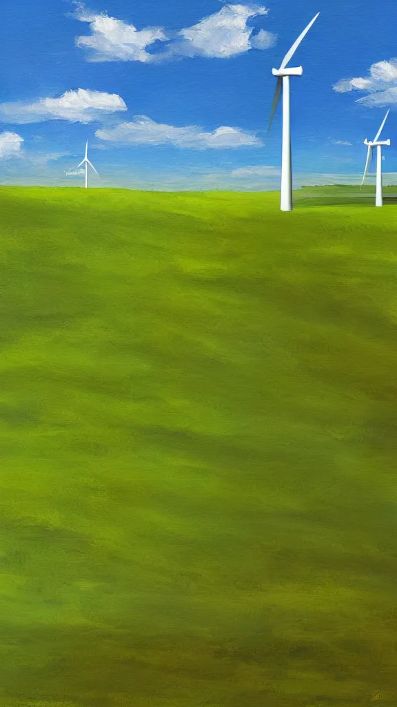 Image similar to a wind turbine, blue sky, sunshine,green land, highly detailed, digital painting