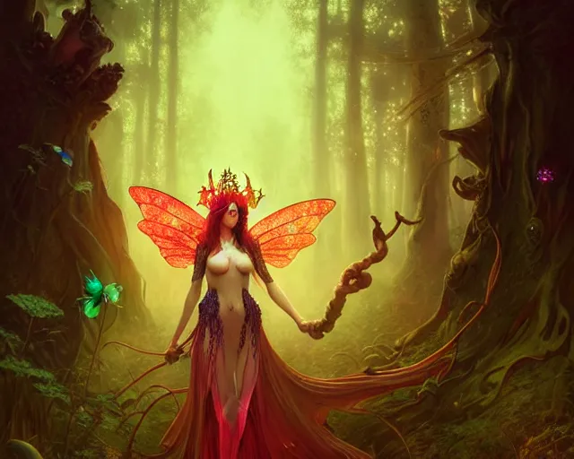 Prompt: stunningly beautiful female faerie priestess in amanita muscaria forest landscape, symmetrical wings on back, symmetrical face, stunning eyes, neon hair, fantasy art, dark light night, sharp focus, digital painting, 4 k, concept art, art by wlop, artgerm, greg rutkowski and alphonse mucha