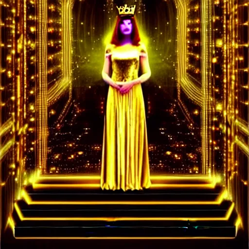Image similar to the ethereal queen of technology bestows the gift of circuits to humanity. matte painting. fantastic. velvet and gold.