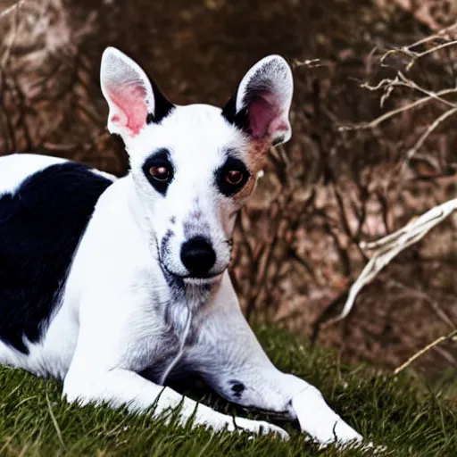 Image similar to old smooth fox terrier with a white and black coat, red collar, white tail, lying in the sun