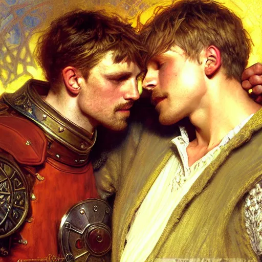 Image similar to attractive arthur pendragon and his attractive male knight, they are in love, natural lighting, path traced, highly detailed, high quality, digital painting, by gaston bussiere, craig mullins, alphonse mucha j. c. leyendecker