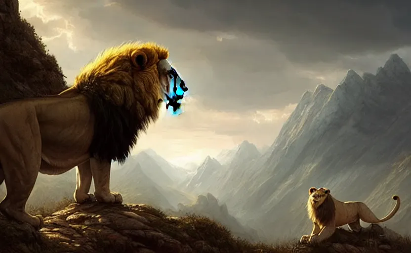 Prompt: a beautiful photo of lion roar on mountain, hyper realistic, natural light, concept art, by greg rutkowski, cozy atmospheric and cinematic lighting