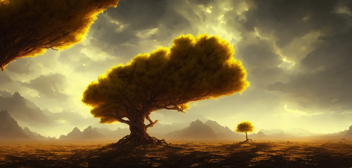 a large tree with yellow foliage in a lifeless desert, Stable Diffusion