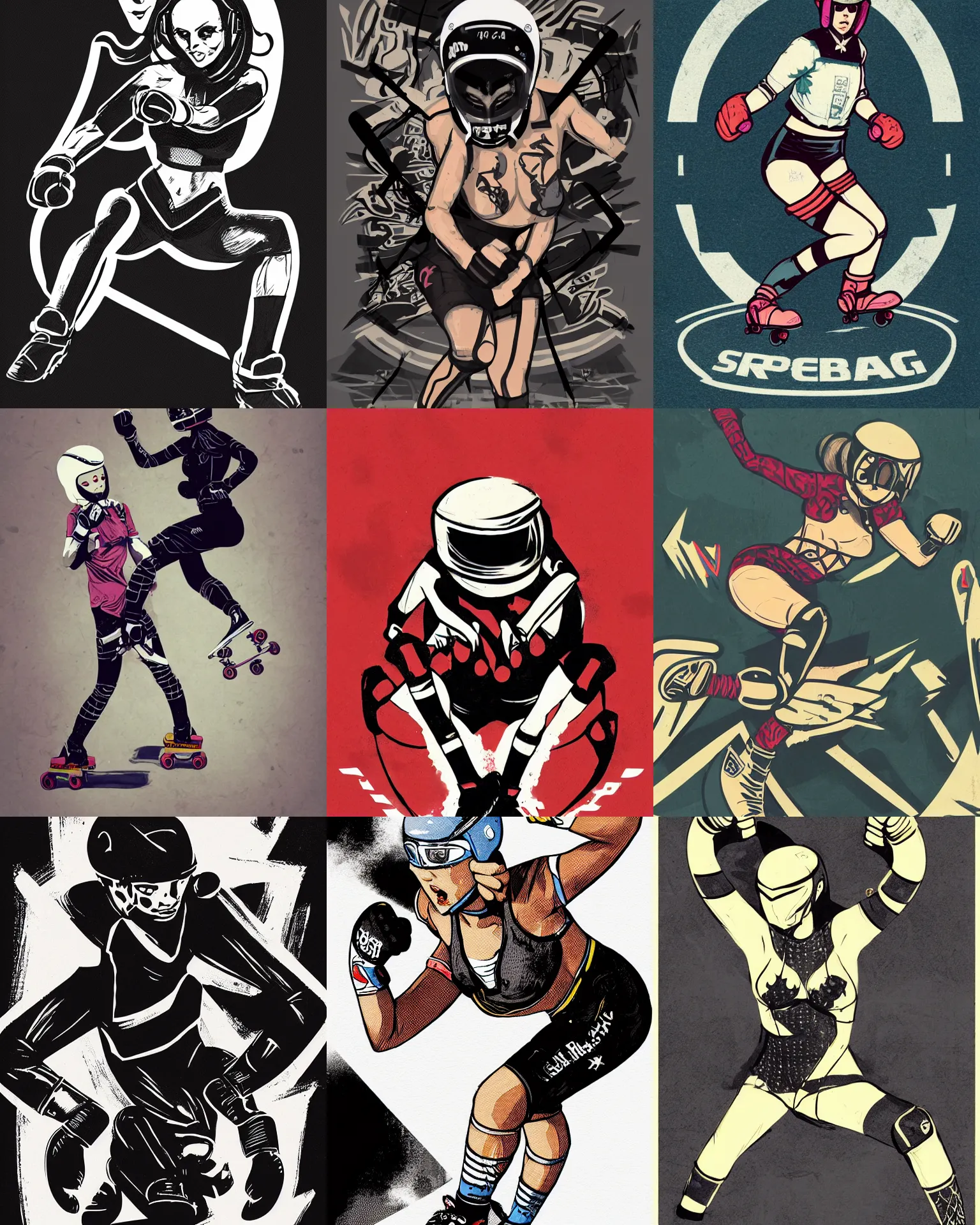 Prompt: logo design, roller derby girl sprinting Cross-Over, wearing skate helmet, knee pads, elbow pads, fishnet tights, torn, ripped, fists in the air, logo illustration by greg rutkowski and mcbess