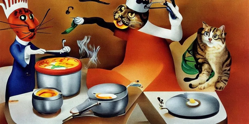 Image similar to anthropomorphic cats chef cooking a delicious colorful soup on TV show, by Salvador Dali