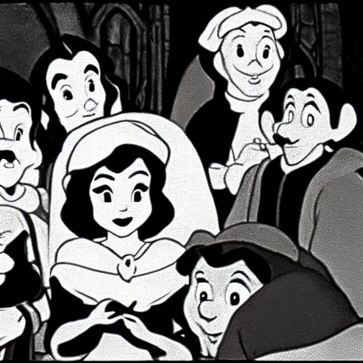 Image similar to close up of snow white and the 7 dwarfs, cinematographic shot, by walt disney cartoon