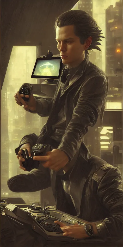 Prompt: sophisticated portrait of sonic playing videogames very smoky cyberpunk, elegance, highly detailed, shallow depth of field, artstation, artgerm, donato giancola and joseph christian leyendecker