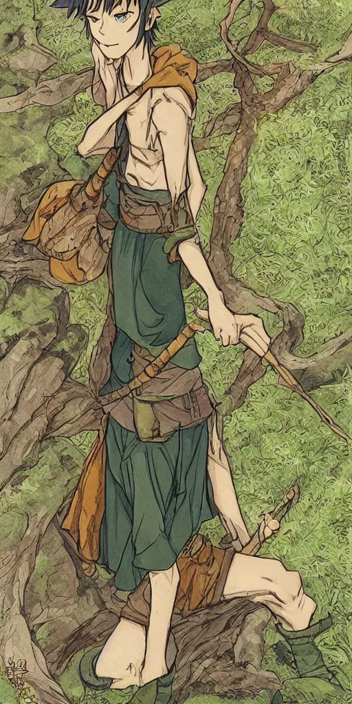 Image similar to an wood elf boy on the mountain side, anime style, tarot card, Tarot card the fool, fine line work, full color, earth tones, drawn by Hayao Miyazaki