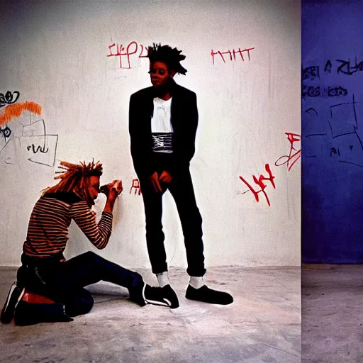 Prompt: basquiat with kurt cobain photographed by annie leibovitz in a hi end photo studio, color, photorealistic