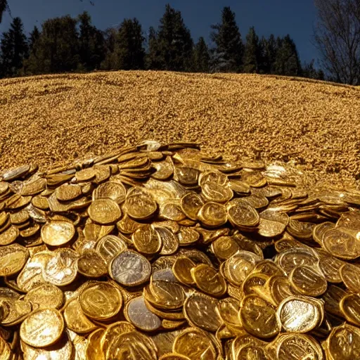 Prompt: millions of gold coins in a pile on top of a hill