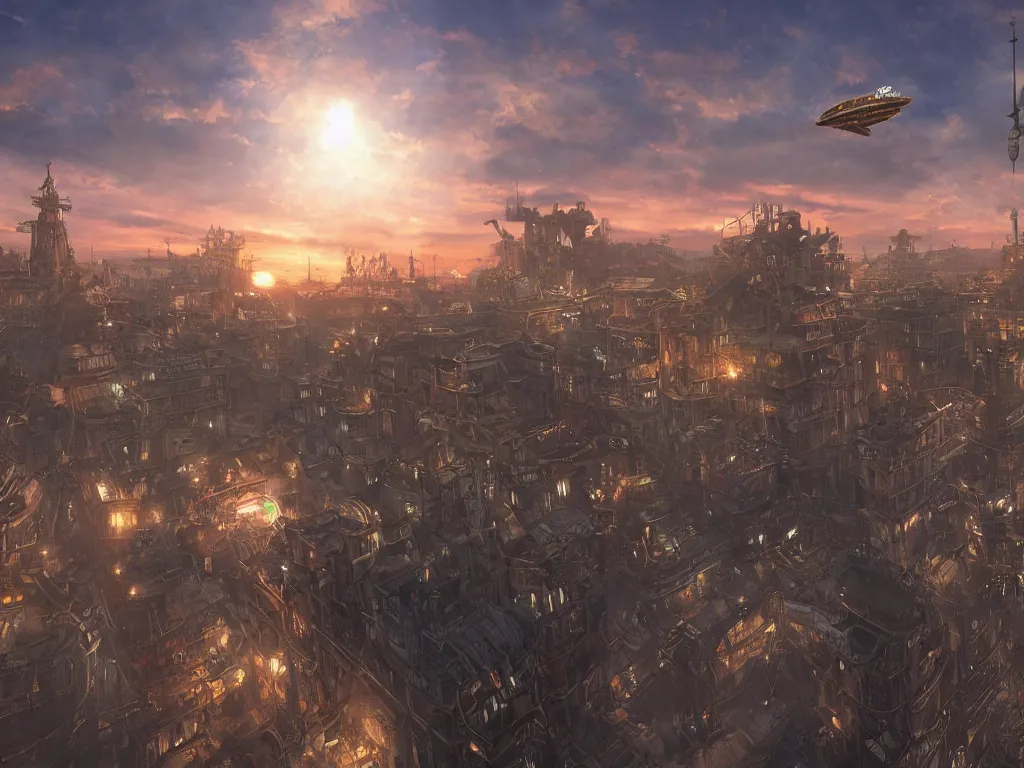 Image similar to a steampunk city, sunset, airship in the sky, clear skies in the distance, hyperreal, artstation