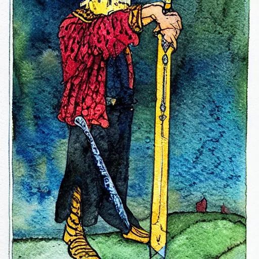 Prompt: king with sword in tarot card style, watercolor, high details