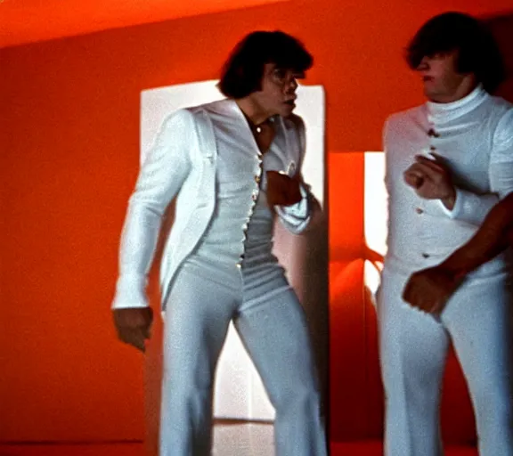 Prompt: dwayne johnson in a clockwork orange, white clothes, movie still, shot by stanley kubrick