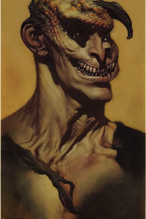 Image similar to upper body and head portrait of lizard man, by norman rockwell, roberto ferri, daniel gerhartz, edd cartier, jack kirby, howard v brown, ruan jia, tom lovell, frank r paul, jacob collins, dean cornwell, 5 0 s pulp scifi fantasy illustration