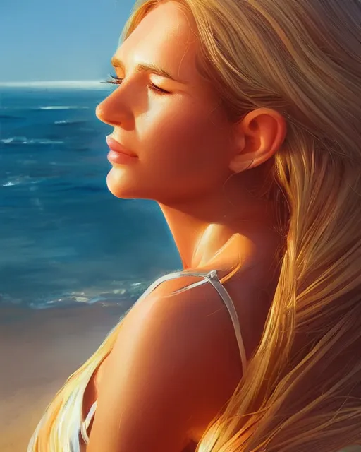 Image similar to summer vibes, beautiful sun tanned woman portrait, flowy golden hair, sun, summer, cinematic lighting, highly detailed, digital painting, trending on artstation, pixiv, concept art, sharp focus, illustration, art by ross tran and wlop