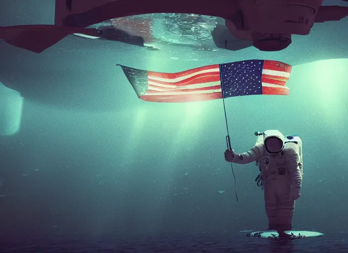 Image similar to astronaut underwater putting a flag on the bottom of the ocean. in the background, a submarine is visible. dark, cinematic, dramatic, digital art, blender, photorealistic, octane render, 8 k, volumetric lighting, trending on artstation