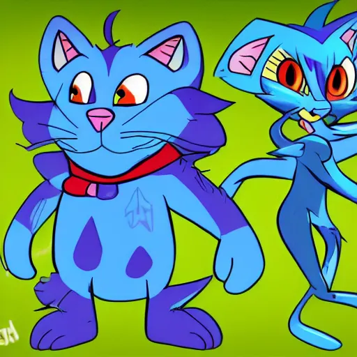 Prompt: a pair of blue cat characters in the style of 9 0 s nickelodeon cartoons, on an interesting adventure