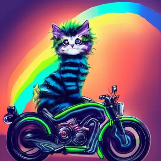 Image similar to wide angle full body, jacket wearing fluffy cute rainbow kitten wearing a black leather motorcycle jacket, riding on a motorcycle, cinematic concept art