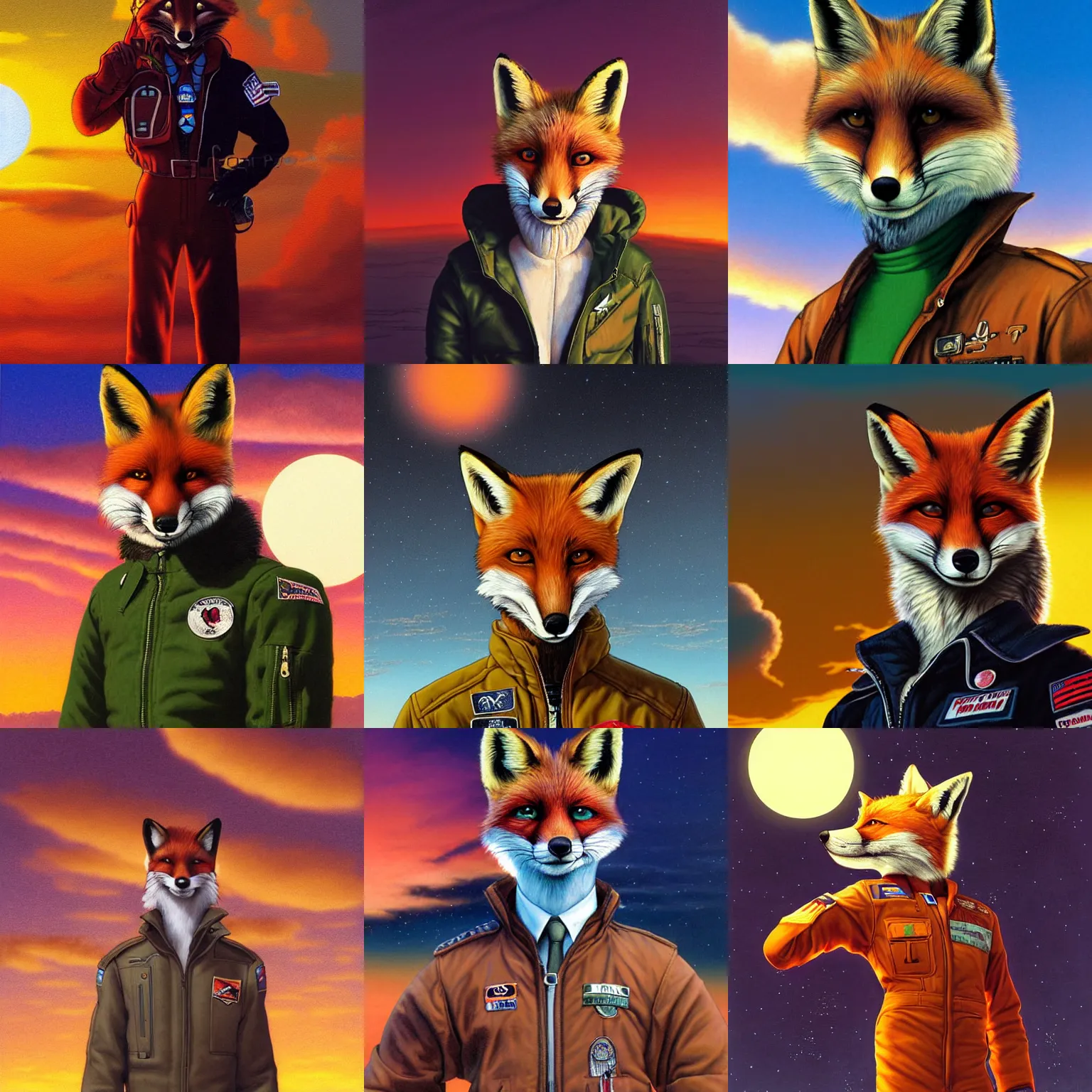 Prompt: a portrait of fox mccloud by peter elson, furry art, wearing a pilot's jacket, skinny, sunset in the clouds, background by syd dutton